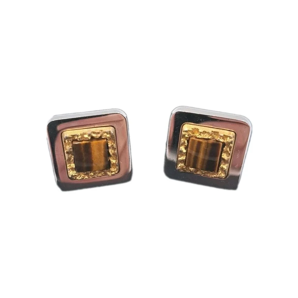 Vintage Anson Tiger's Eye Yellow Gold Plated Cuff Links